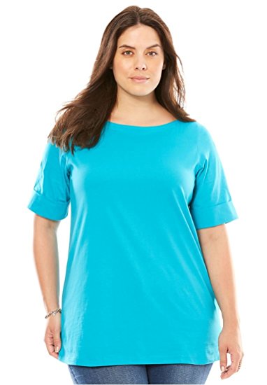 Women's Plus Size Perfect Boatneck Tee With Cuffed Elbow Length Sleeves