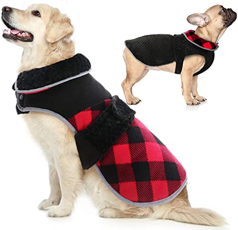 IDOMIK Reversible Dog Vest, Fleece Dog Winter Jacket For Small Medium Large Breeds, Warm Plaid Coat With Harness Hole For Girl Boy Dog, Cozy Pet Cold Weather Clothes, Puppy Autumn Apparel Furry Collar