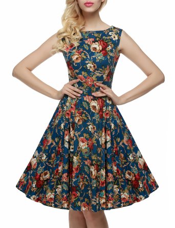 ACEVOG Women's Vintage 1950's Sleeveless Floral Spring Garden Party Picnic Dress