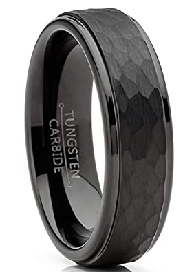 Metal Masters Co. Mens Tungsten Black Wedding Band Ring Hammered Center Comfort-Fit 6MM Sizes 5-13
