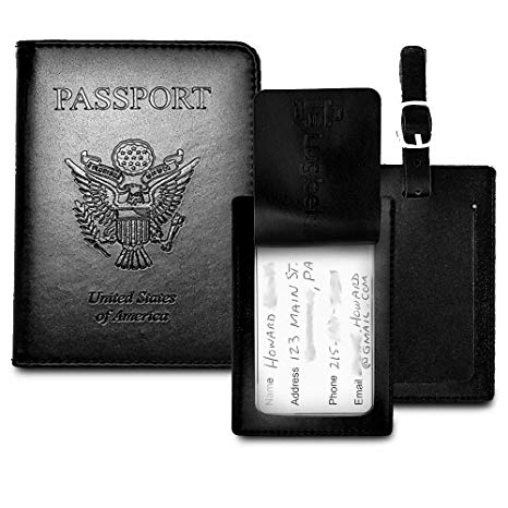 Leather Passport Holder w/RFID Shield - Privacy Passport Wallet   2 Matching Luggage Tags