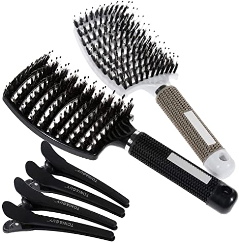 Lictin Curly Hair Brush Comb - Detangler Brush Set Boar Bristle Paddle 2 Hairbrush, Hair Brush Comb Set with 4 Haircilps for Hair Salon or Home Supplies