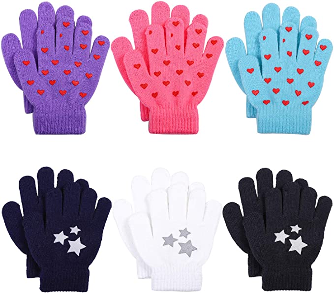 Cooraby 6 Pairs Kids Warm Magic Gloves Winter Stretchy Knit Gloves for Boys Girls