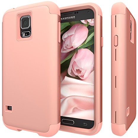 Galaxy S5 Case, S5 Case,SLMY(TM) [ Shock Resistant Series ] Hybrid Rubber Case Cover for Samsung Galaxy S5 3 in1 Hard Plastic  Soft Silicone Rose Gold