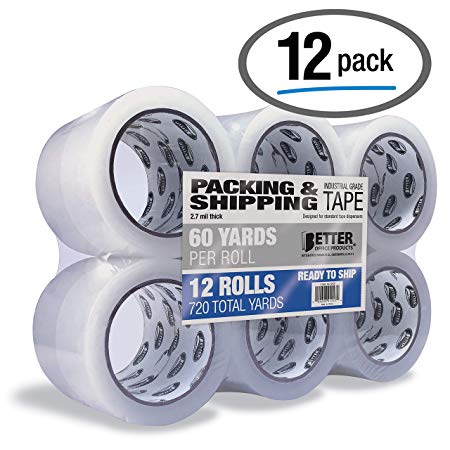 12 Pack Clear Packing Tape, Shipping Tape Refill Rolls, Commercial/Industrial Grade, by Better Office Products, 2.7 mils, 1.88 Inch x 60 Yards Per Roll, 720 Total Yards, 12 Rolls