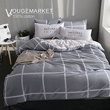 Vougemarket Super Soft 100% Cotton 3-pieces Luxury Big Grid Pattern Duvet Cover Sets(1 Duvet Cover + 2 Pillow Shams) with Hidden Zipper-Full/Queen,Grid 1