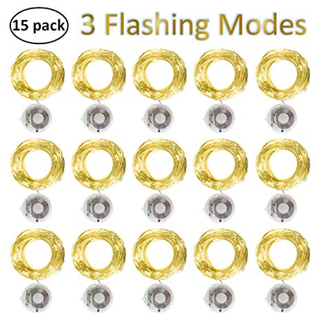 Starry String Fairy Lights 3 Flashing Mode Firefly Lights with Timer,20 Micro LED on 7.2feet/2m Silver Copper Wire Battery Powered for DIY Wedding Party Centerpiece Decorations Pack of 15 - Warm White