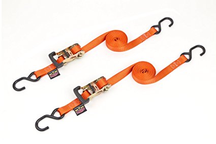 1" x 10ft PowerTye® Mfg Made in USA Long Ratchet Tie-Downs with Rubber-Handle Ratchet and 4" S-Hooks, Orange (pair)