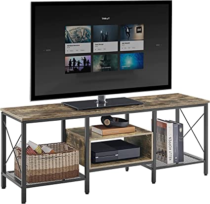 VECELO Industrial TV Stand for 65 Inch Television Cabinet 3-Tier Console with Open Storage Shelves, Entertainment Center Metal Frame for Living Room, Bedroom, 55”L x 15.74”W x 20.47”H, Brown