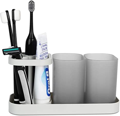 TOPSKY Toothbrush Toothpaste Holders with 2 Tumbler for Bathroom Countertop Sink, Simple, Easy to Clean, Plasitc, Grey