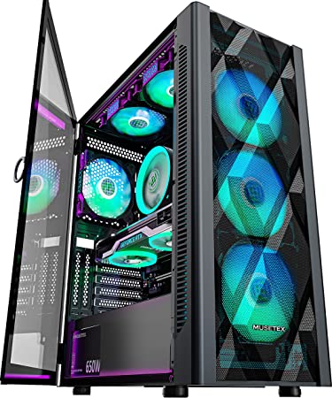 MUSETEX ATX PC Case Mid-Tower with 6pcs 120mm ARGB Fans, Polygonal Mesh Computer Gaming Case with Type C, Opening Tempered Glass Side Panel, USB 3.0 x 2, Black, NN8.