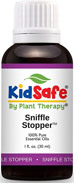 Plant Therapy KidSafe Sniffle Stopper Synergy Essential Oil Blend. Blend of: Fir Needle, Rosalina, Spruce, Cypress, Spearmint and Cedarwood Virginian. 30 mL (1 Ounce).