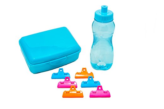 Lunch Box with Water Bottle Set - Suitable for Adults and Children - Plus 6 Pack Multi-Purpose Clips