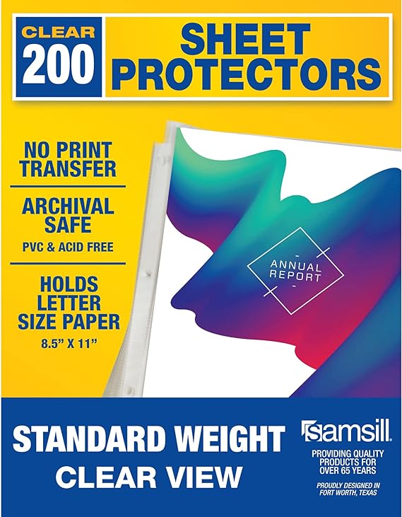 Samsill Plastic Sheet Protectors for 3 Ring Binder, Clear Standard Weight, Packaging May Vary, Top Load Inserts, Box of 200 Sheets, 8.5 X 11, Reinforced 3 Hole Punch.