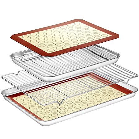 Baking Sheet with Baking Rack Mat Set (2 Sheets   2 Mats   2 Rack) - Estmoon Pure Stainless Steel baking Pan Tray Cooling Rack with Cookie Mat, Non Toxic & Easy Clean, Mirror Finish & Rust Free