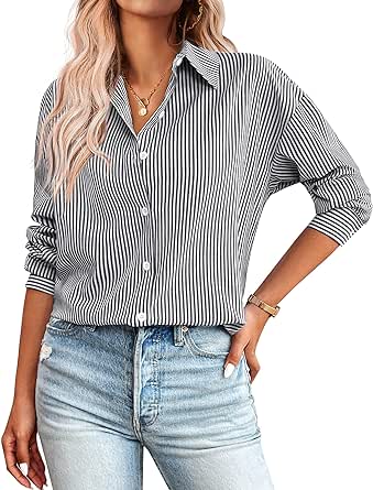 Zeagoo Striped Button Down Shirts for Women Casual Loose Long Sleeve Shirts Business Work Tunic Top