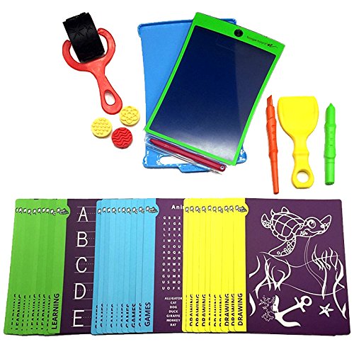 Magic Sketch Deluxe KIT | LCD Writing Board, Drawing, Doodle, Learning Tablet | Includes Protective Cover, 60 Stencils, 4 Styluses, 1 Stamp Roller & 3 Stamps | Kids, Office, School, House, Car Rides