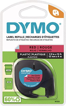 Dymo Labeling Tape, LetraTag Labelers, Plastic, 1/2-Inchx13, Black on Red (91333)