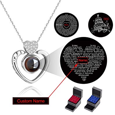 PAERAPAK Custom Love You Necklace - Personalized 100 Languages I Love You Round Projection Necklace for Women Love Memory Pendant Necklace Best Gift for Lover