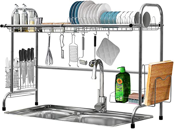 Over The Sink Dish Drying Rack, KINGSO 2 Tier Dish Drainer Stainless Steel Kitchen Sink Drying Rack w/Utensil Holder 8 Hooks for Kitchen Counter Organization Storage Space Saver (Sink Size≤32.5 inch)