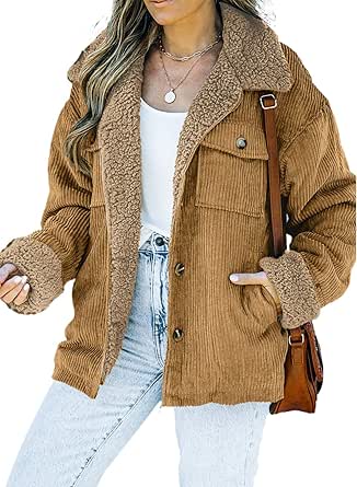 Dokotoo Corduroy Sherpa Jacket for Women Button Down Fleece Fur Collar Winter Warm Coat