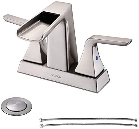 NEWATER Double Handle Waterfall Centerset Three Hole Bathroom Sink Faucet with Pop Up Drain & Supply Lines Lavatory Faucet Mixer Tap Deck Mounted，Brushed Nickel