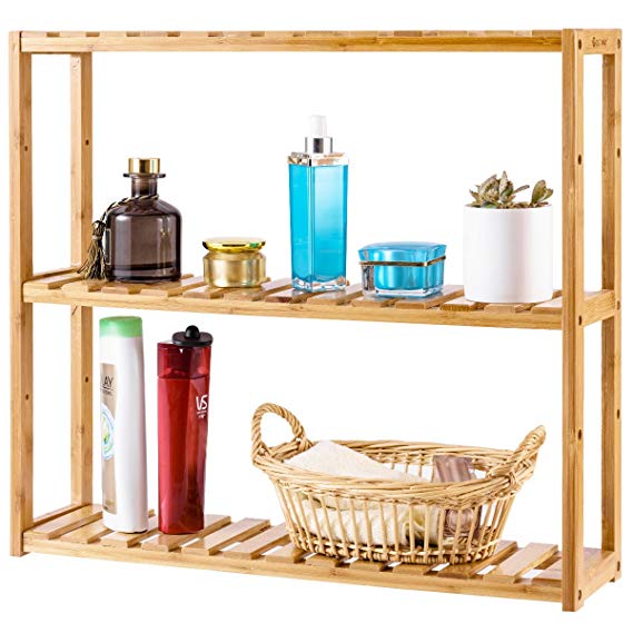 COSTWAY 3-Tier Bamboo Shelf Rack Adjustable Utility Storage Free Standing Bathroom Kitchen Living Room Organizer Holder Stand (3-Tier)