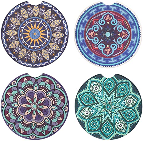 Vaincre 4 Pack Car Coasters, 2.56 inch Absorbent Mandala Ceramic Car Cup Holder Coaster with Fingertip Grip for Easy Removal, Keeps Vehicle Cup Holders Clean of Cold Drink Spills and Condensation