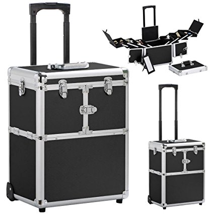 Yaheetech Pro Aluminum Rolling Makeup Case Salon Cosmetic Box Organizer Trolley Beauty Train Case,Black