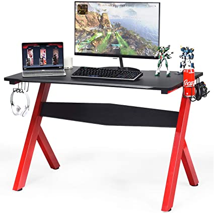 COSTWAY Gaming Computer Desk with Cup & Headphone Holder, Mouse Pad, Adjustable Ergonomic PC Racing Table Study Work Workstation (Red)