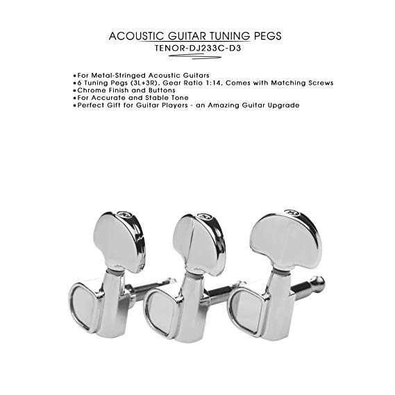 DJ233C-D3 TENOR Acoustic Guitar Tuners, Tuning Key Pegs/Machine Heads for Acoustic Guitar with Chrome Plated Finish and Chrome Plated Buttons.