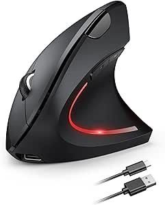 TECKNET Mouse Verticale Wireless Ricaricabile, 4800 DPI Mouse Ergonomico Silenzioso Senza Fili, 6 Pulsanti, 2.4GHz con Ricevitore USB per PC, Computer, Laptop, Mac, Nero