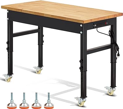 Antifir 48" ×24'' Adjustable Workbench,Rolling Heavy-Duty Worktable with Power Outlet and Wheels,Large Load Capacity Rubber Wood Top Workbench for Garage,Office,Workshop,Home, Easy Assembly, Black