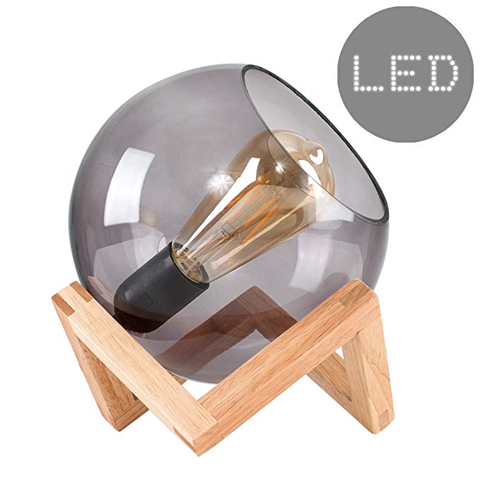 Modern Smoked Effect Glass Globe Bedside Table Lamp on a Wooden Frame Base - Complete with a 4w LED Filament GLS Bulb [2700K Warm White]