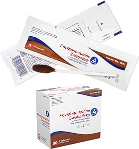 Dynarex Povidone Iodine Swabsticks, Swabstick Packaged in Individual Foil Pack, Antiseptic for Skin Preparation, Brown,(1 Box of 50)