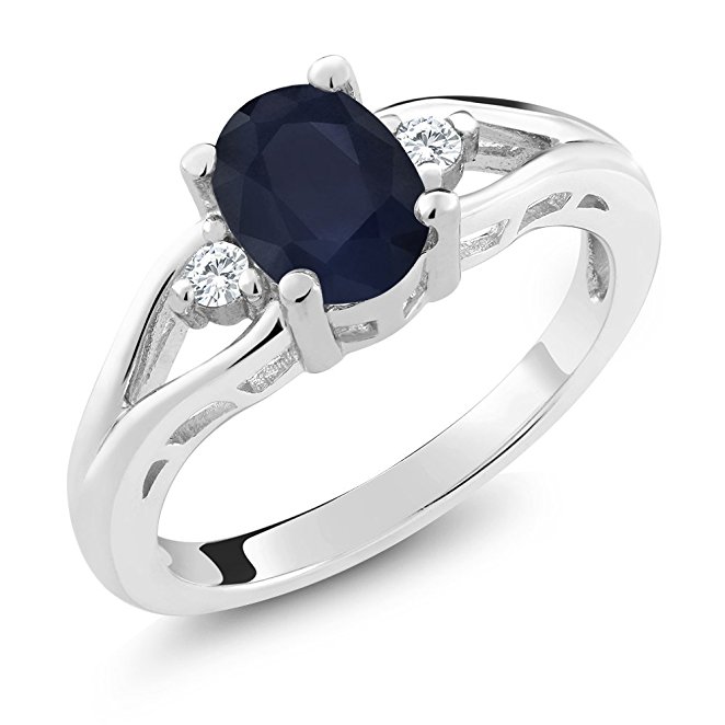 1.83 Ct 8x6mm Oval Blue Sapphire and White Sapphire 925 Sterling Silver 3 Stone Ring