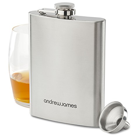 Andrew James Hip Flask 8oz with Funnel - Grade 304 Brushed Stainless Steel