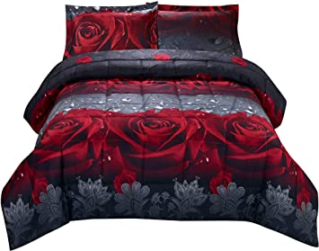 HIG 3D Comforter Set King - 3 Piece 3D Rose Love Romantic Moment Print Comforter Set King Size (Y28) - Box Stitched, Soft, Breathable, Hypoallergenic, Fade Resistant -Includes 1 Comforter, 2 Shams