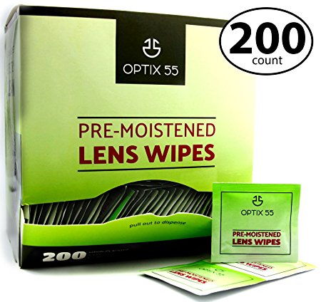 Pre-Moistened Lens Cleaning Wipes - 200 Cloths - Safely Cleans Glasses, Sunglasses, Camera Lenses, and Electronic Quickly & Efficiently - Travel - By Optix 55