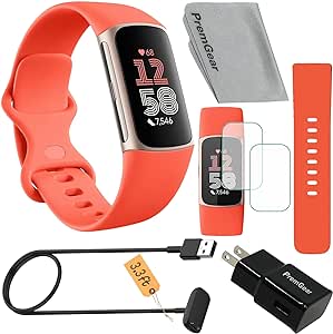 Fitbit Charge 6 Fitness Tracker Watch (Coral) Bundle with 2 Watch Bands, 3.3foot Charge Cable, Wall Adapter, 2 Screen Shields & Cloth