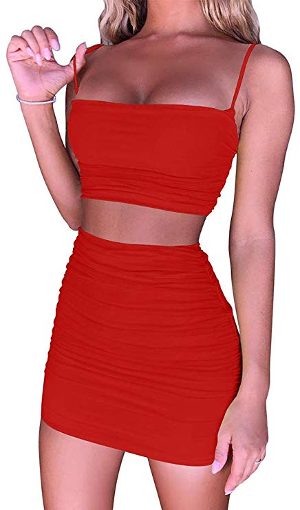 BEAGIMEG Women's Ruched Cami Crop Top Bodycon Skirt 2 Piece Outfits Dress