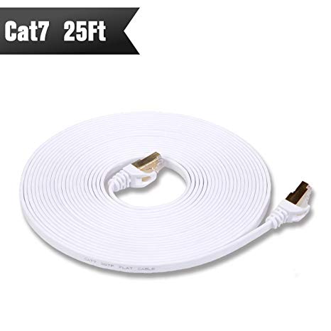 Cat 7 Shielded Ethernet Cable 25 ft White (Highest Speed Cable) Cat7 Flat Ethernet Patch Cables - Internet Cable for Modem, Router, LAN, Computer - Compatible with Cat 5e,Cat 6 Network