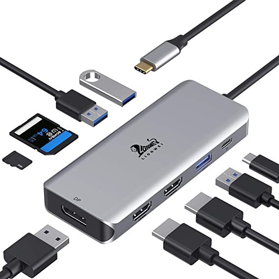 USB C Hub 9-in-1 Type C Adapter to Dual Monitor, Triple Display Docking Station with Dual 4K HDMI, DP, 1 USB 3.0, 2 USB 2.0, USB-C PD Charging, SD/TF Card Reader for Macbook Pro and Other USB-C Laptop