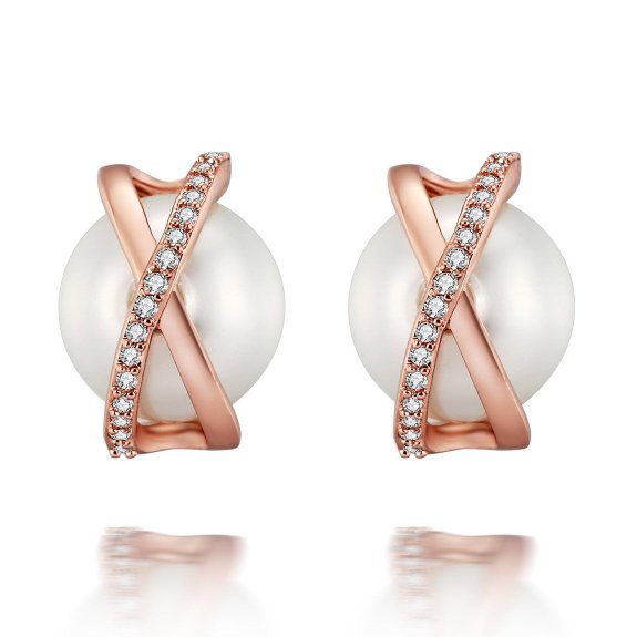 Caperci Rose Gold Plated Cubic Zirconia & Faux Pearl Criss Cross Stud Earrings for Women