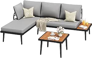 Greesum Outdoor Sectional Sofa Set L-Shaped Metal Patio Furniture with All-Weather Cushions and Built-in Side Coffee Table for Garden, Gray