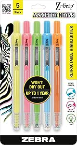 Zebra Pen Z-Grip Retractable Highlighter Marker Set, Chisel Tip, Assorted Neon Colors, 5-Pack