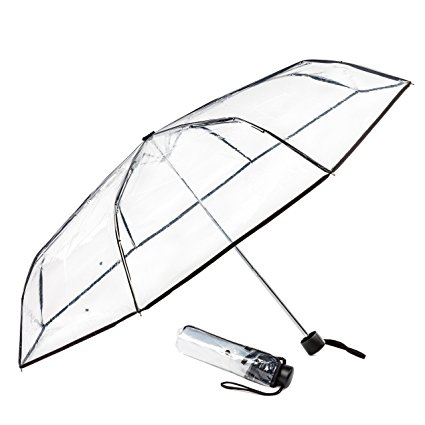 Clear Dome Umbrella, Compact and Folding for Easy Travel, Sturdy Windproof and Lightweight Frame, High Quality Design for Men and Women, Black Trim