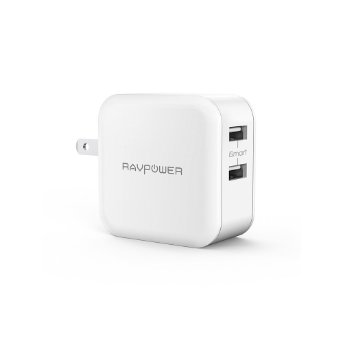 RAVPower 24W 2.4A Dual USB Wall Charger with iSmart Technology, Foldable Plug, LED indicator for iPhone, iPad, Samsung, Nexus and More - White