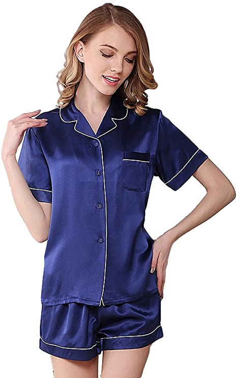 NANJUN Women's Satin Pajamas Sleepwear Long and Short Button-Down Pj Set