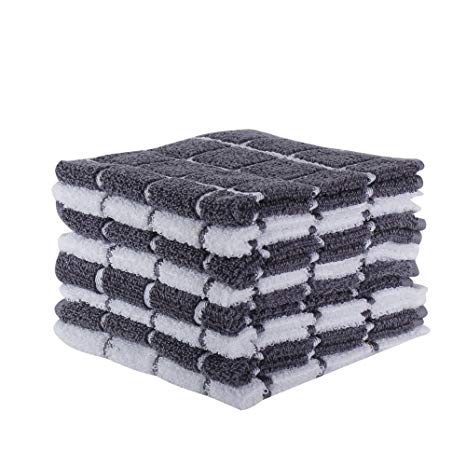 The Weaver's Blend Set of 8 Terry Dish Cloths, Check Design, 100% Cotton, Absorbent, Size 12”x12”, Grey Check,Kitchen Towels and Dish Cloths by